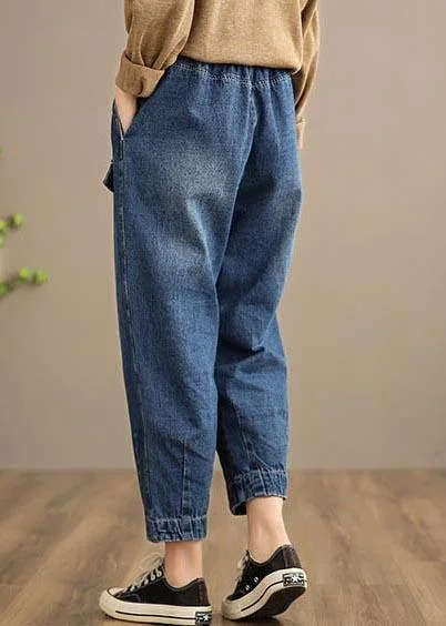 Handmade Spring Casual Pants Oversize Denim Blue Photography Elastic Waist Trousers