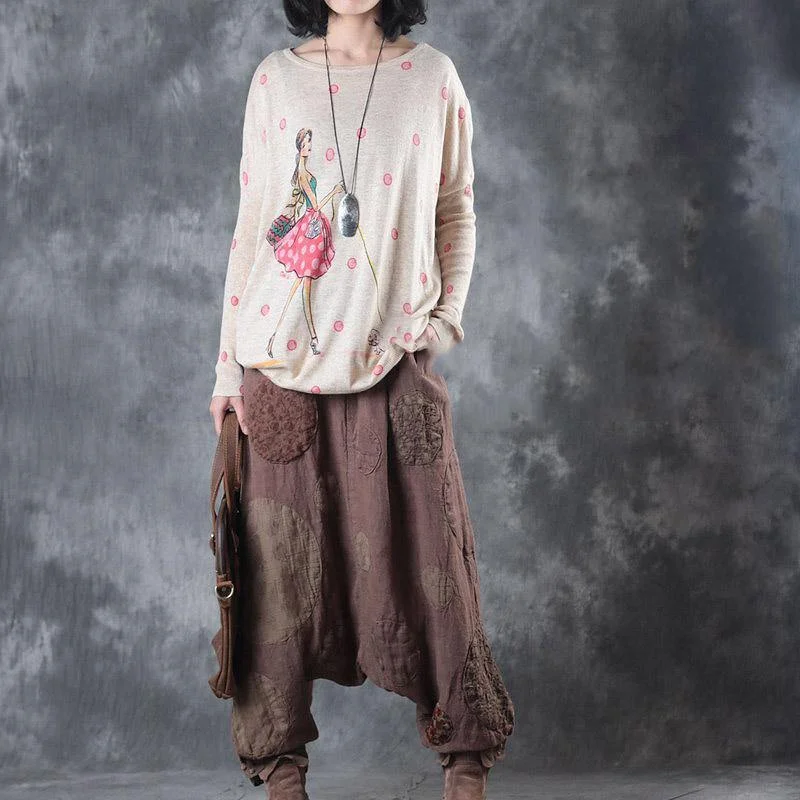 Light Knaki Casual Linen Pants Oversize Patchwork Wide Leg Pants