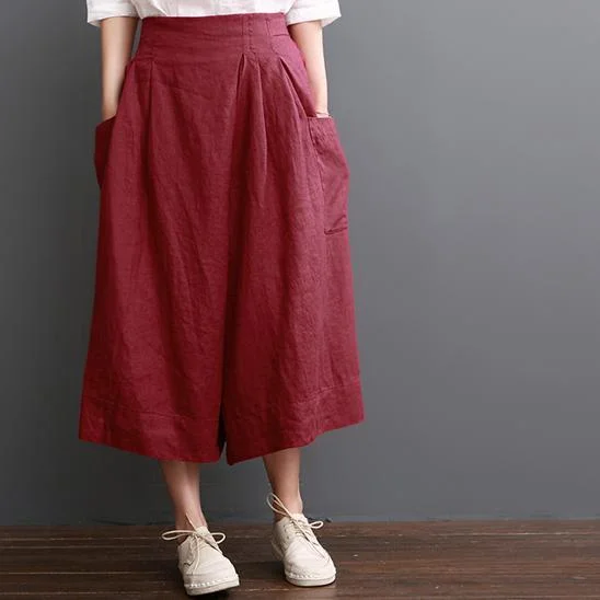 Linen Pants Summer Red Wide Leg Pants Crop Trousers