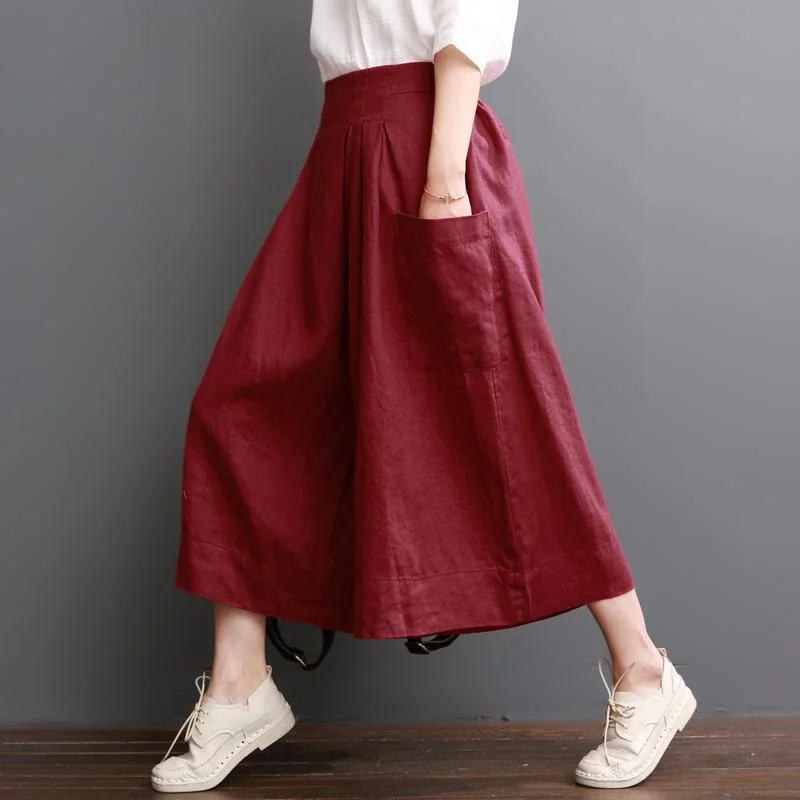 Linen Pants Summer Red Wide Leg Pants Crop Trousers