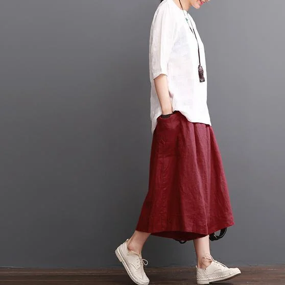 Linen Pants Summer Red Wide Leg Pants Crop Trousers