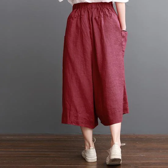 Linen Pants Summer Red Wide Leg Pants Crop Trousers