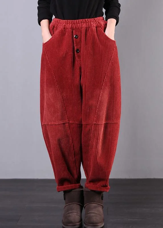 Modern Red Women Pants Oversize Fall Corduroy Pockets Cotton Casual Pants