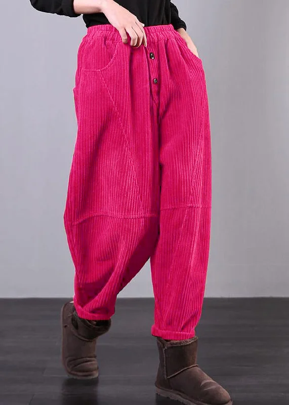 Modern Red Women Pants Oversize Fall Corduroy Pockets Cotton Casual Pants