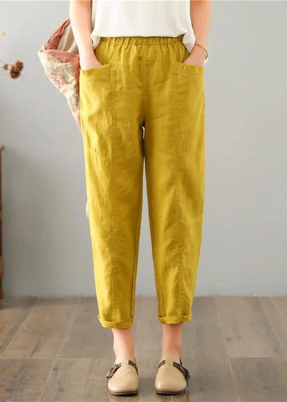 Natural Yellow Pockets Cotton Linen  Pants Summer