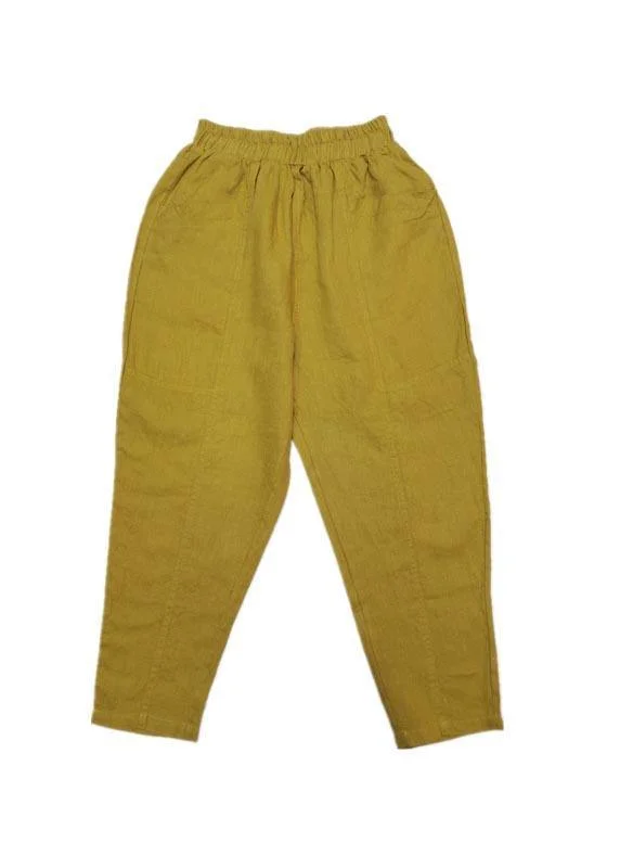 Natural Yellow Pockets Cotton Linen  Pants Summer