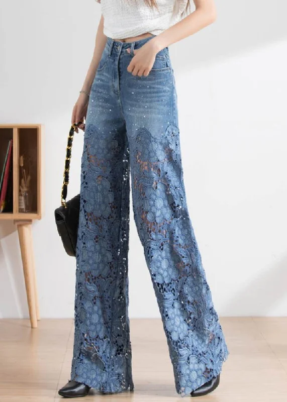 Vogue Blue Lace Patchwork Hollow Out High Waist Denim Pants