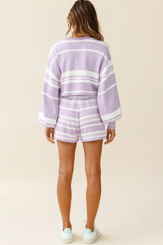 Carlo Long Balloon Sleeve Crop Top Striped Pattern Lilac