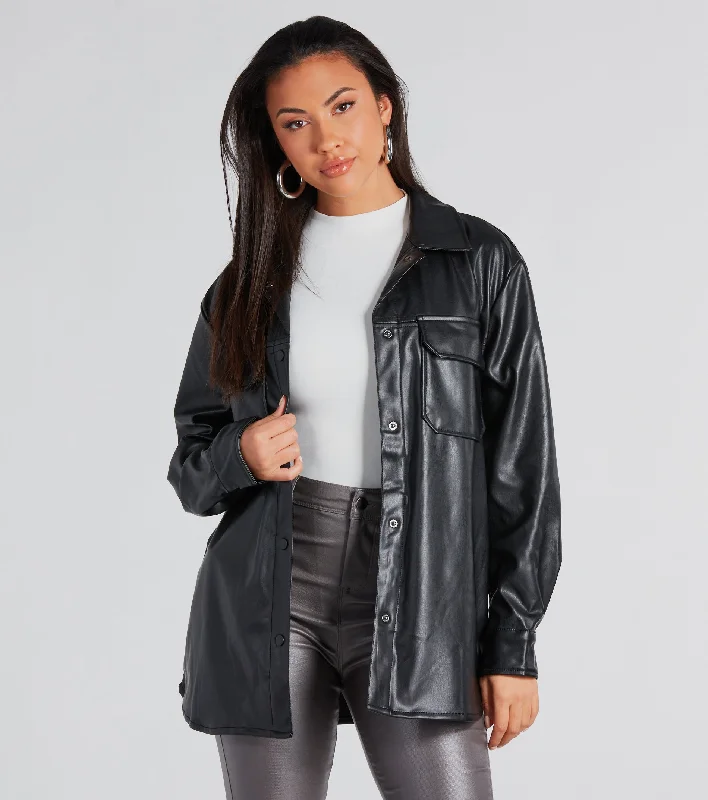 Cool-Girl Moment Long Faux Leather Shacket