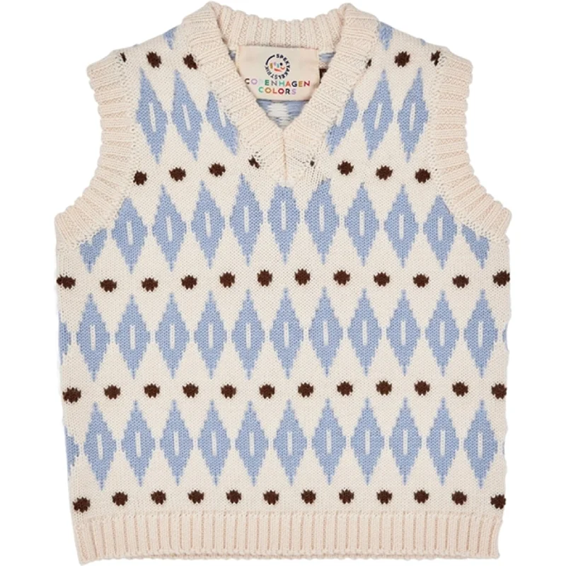 Copenhagen Colors Cream Blue Combi Harlequin Merino Classic Vest