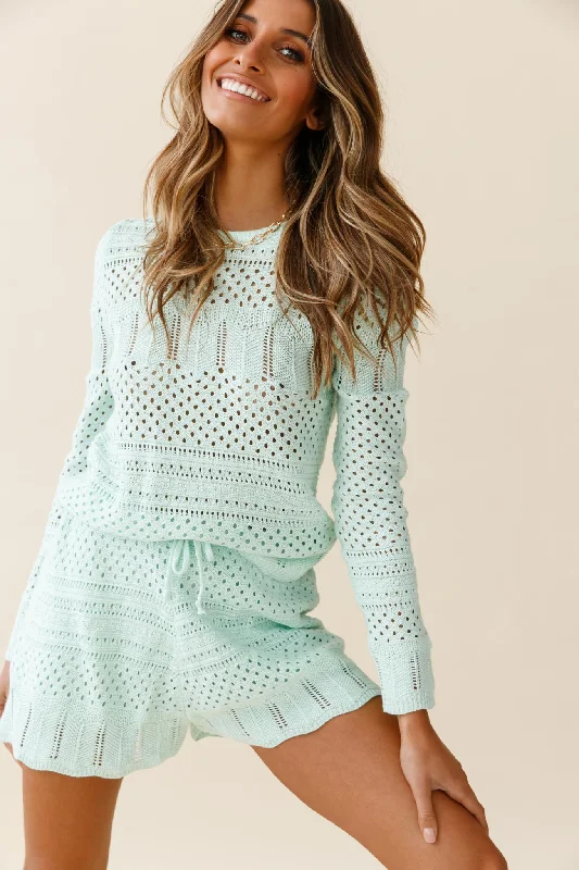 Lazy Daze Long Sleeve Crochet Knit Top Mint