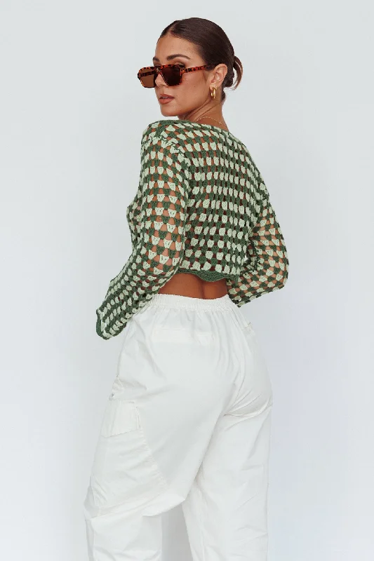 Maycie Long Sleeve Crochet Crop Top Green Multi