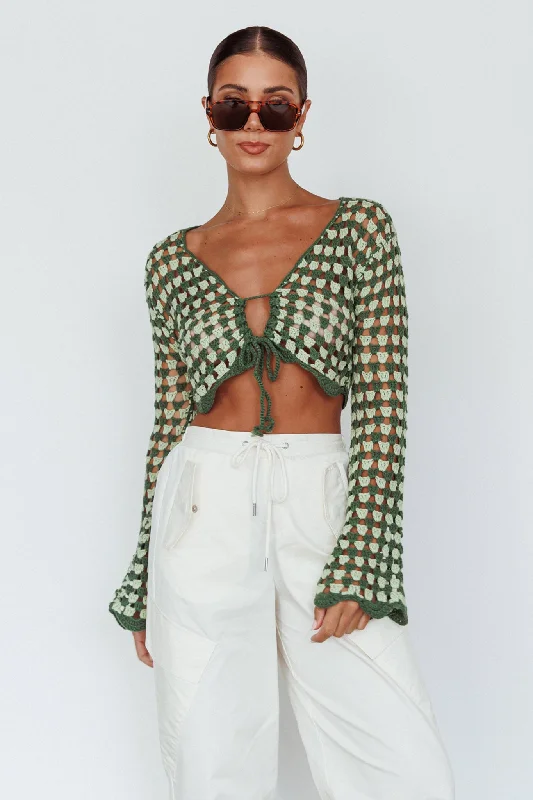 Maycie Long Sleeve Crochet Crop Top Green Multi