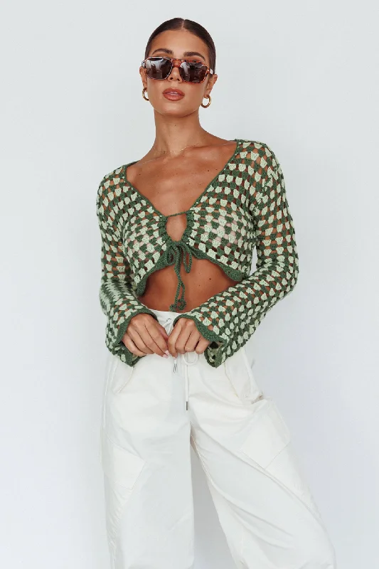 Maycie Long Sleeve Crochet Crop Top Green Multi