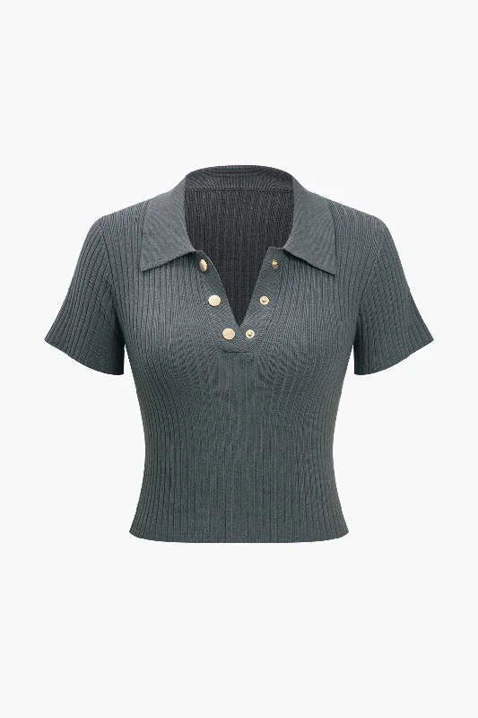 Solid Knit Button Short-Sleeve Top