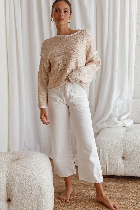 Sitting Pretty Drop Sleeve White Trim Knit Sweater Stone