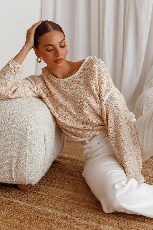 Sitting Pretty Drop Sleeve White Trim Knit Sweater Stone