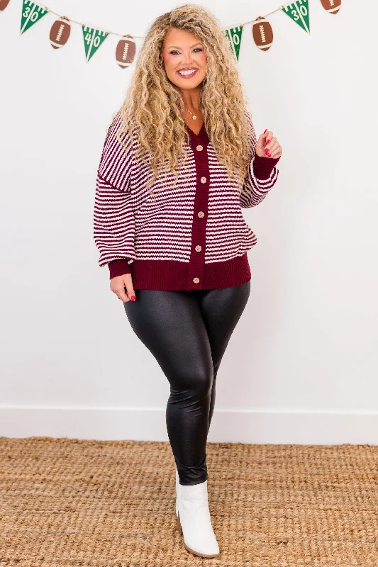 Snuggly Stripe Button-Up Sweater, Crimson-Ivory