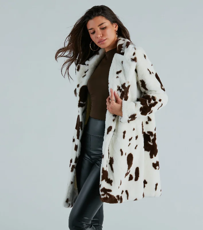 Stylishly Spotted Cow Print Faux Fur Coat