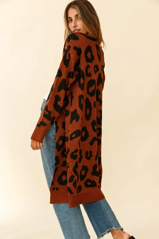 Switch It Up Longline Pocket Knit Cardigan Animal Print Brown