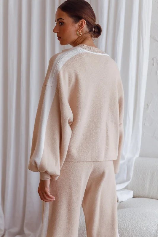 Take Me Back Balloon Sleeve Drop Shoulder Brushed Knit Sweater Beige