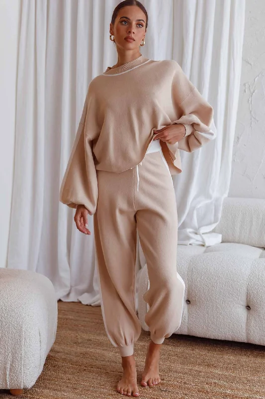 Take Me Back Balloon Sleeve Drop Shoulder Brushed Knit Sweater Beige