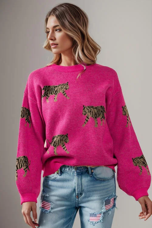 TastyHottie - Tiger Pattern Round Neck Drop Shoulder Sweater