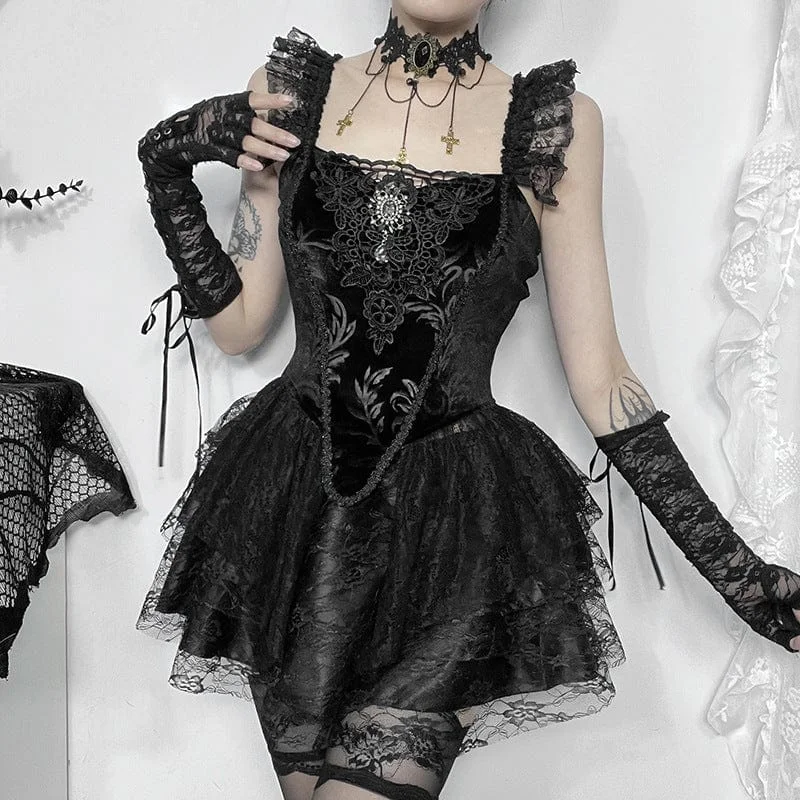 Women's Gothic Ruffled Lace Splice Velvet Vest