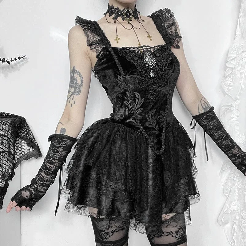 Women's Gothic Ruffled Lace Splice Velvet Vest