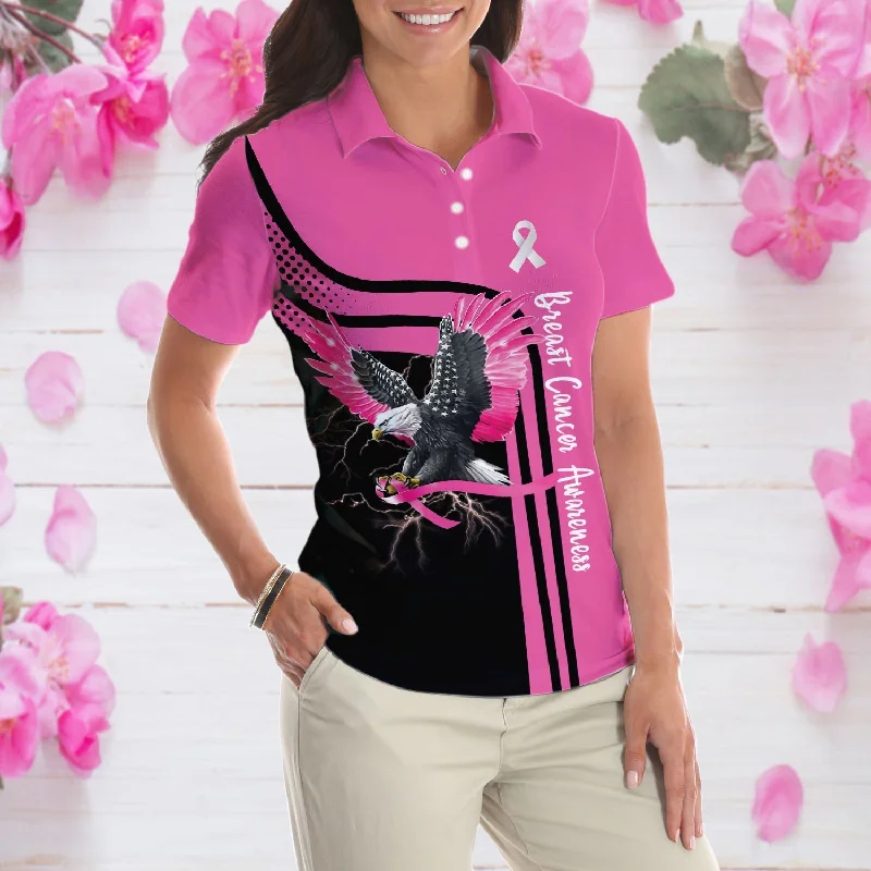 Be Stronger Than The Storm Breast Cancer Awareness Short Sleeve Women Polo Shirt, Eagle Awareness Ribbon Polo Shirt For Ladies Coolspod