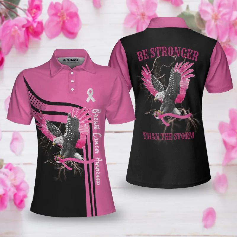 Be Stronger Than The Storm Breast Cancer Awareness Short Sleeve Women Polo Shirt, Eagle Awareness Ribbon Polo Shirt For Ladies Coolspod