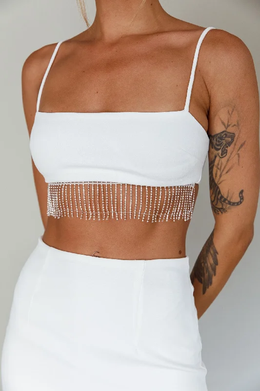 Call On Me Diamante Fringe Top White