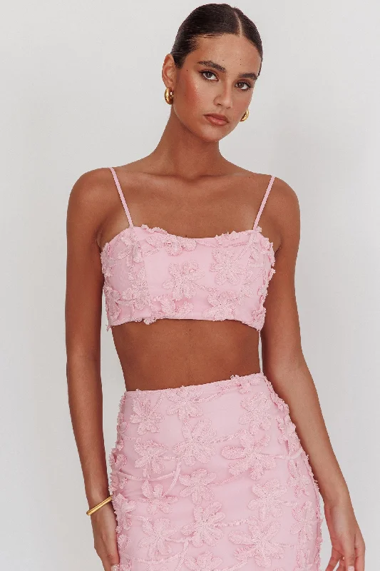 Casi Tied Back Crop Top Embroidered Baby Pink