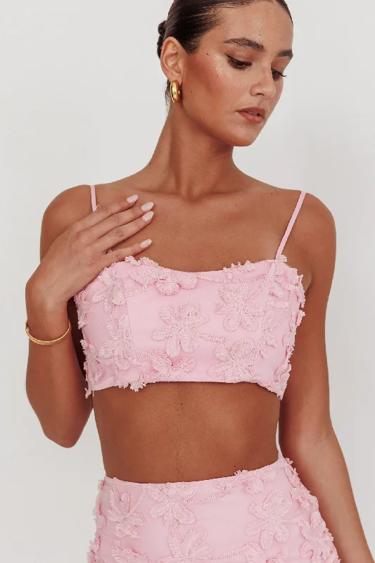 Casi Tied Back Crop Top Embroidered Baby Pink