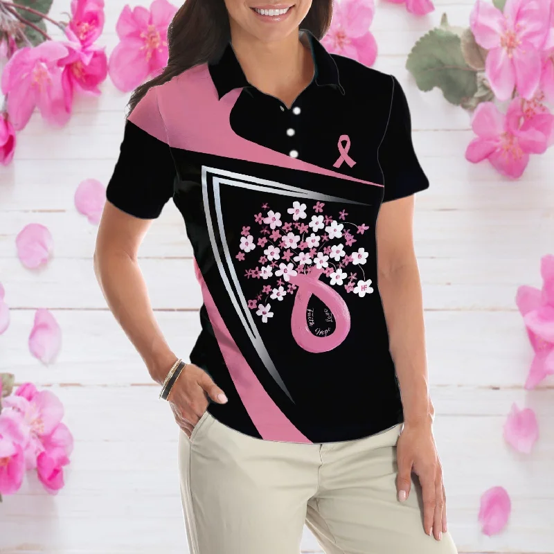 Flowers Faith Hope Love Pink Breast Cancer Awareness Short Sleeve Women Polo Shirt, Awareness Ribbon Polo Shirt For Ladies Coolspod