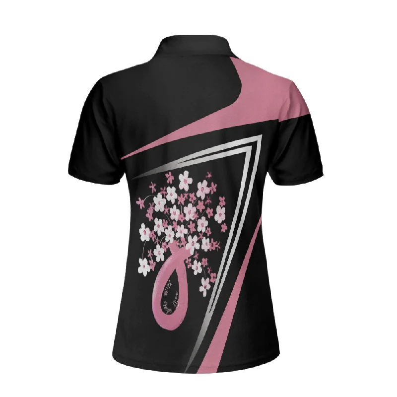 Flowers Faith Hope Love Pink Breast Cancer Awareness Short Sleeve Women Polo Shirt, Awareness Ribbon Polo Shirt For Ladies Coolspod