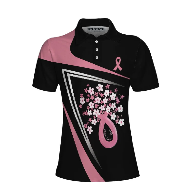 Flowers Faith Hope Love Pink Breast Cancer Awareness Short Sleeve Women Polo Shirt, Awareness Ribbon Polo Shirt For Ladies Coolspod