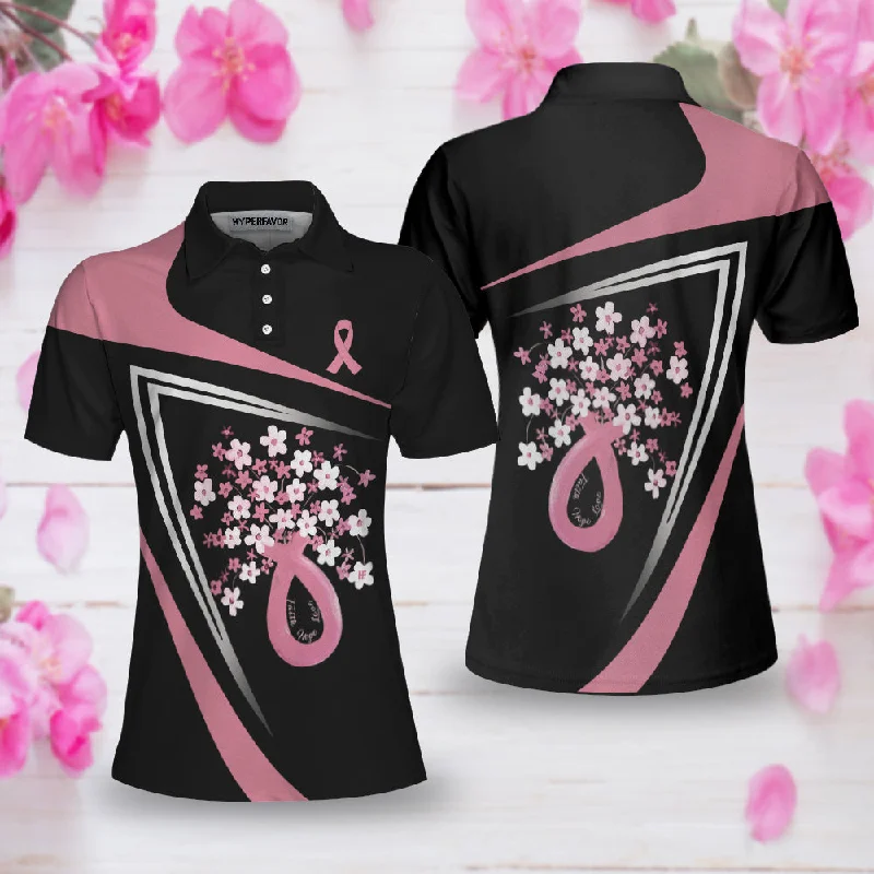 Flowers Faith Hope Love Pink Breast Cancer Awareness Short Sleeve Women Polo Shirt, Awareness Ribbon Polo Shirt For Ladies Coolspod