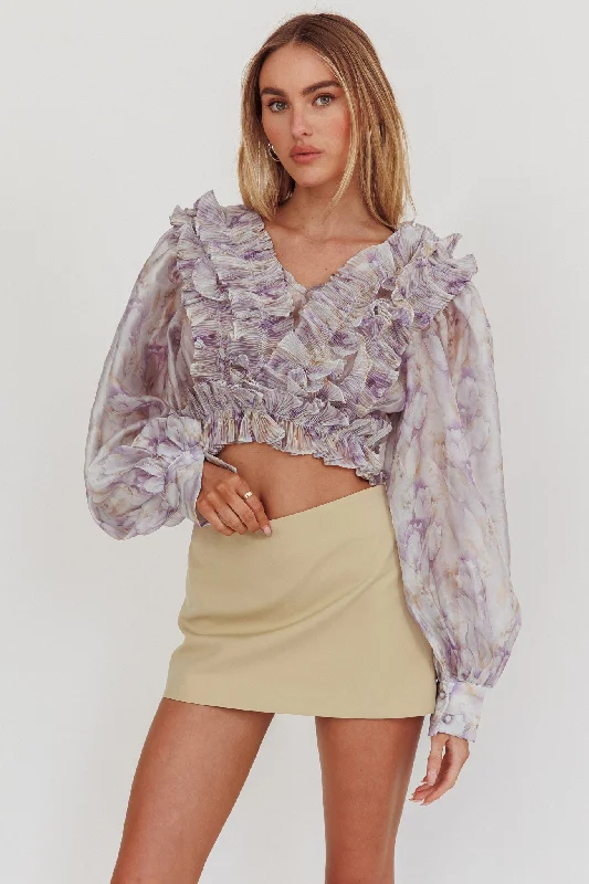 Forever Young Balloon Sleeves Cropped Blouse Purple Multi