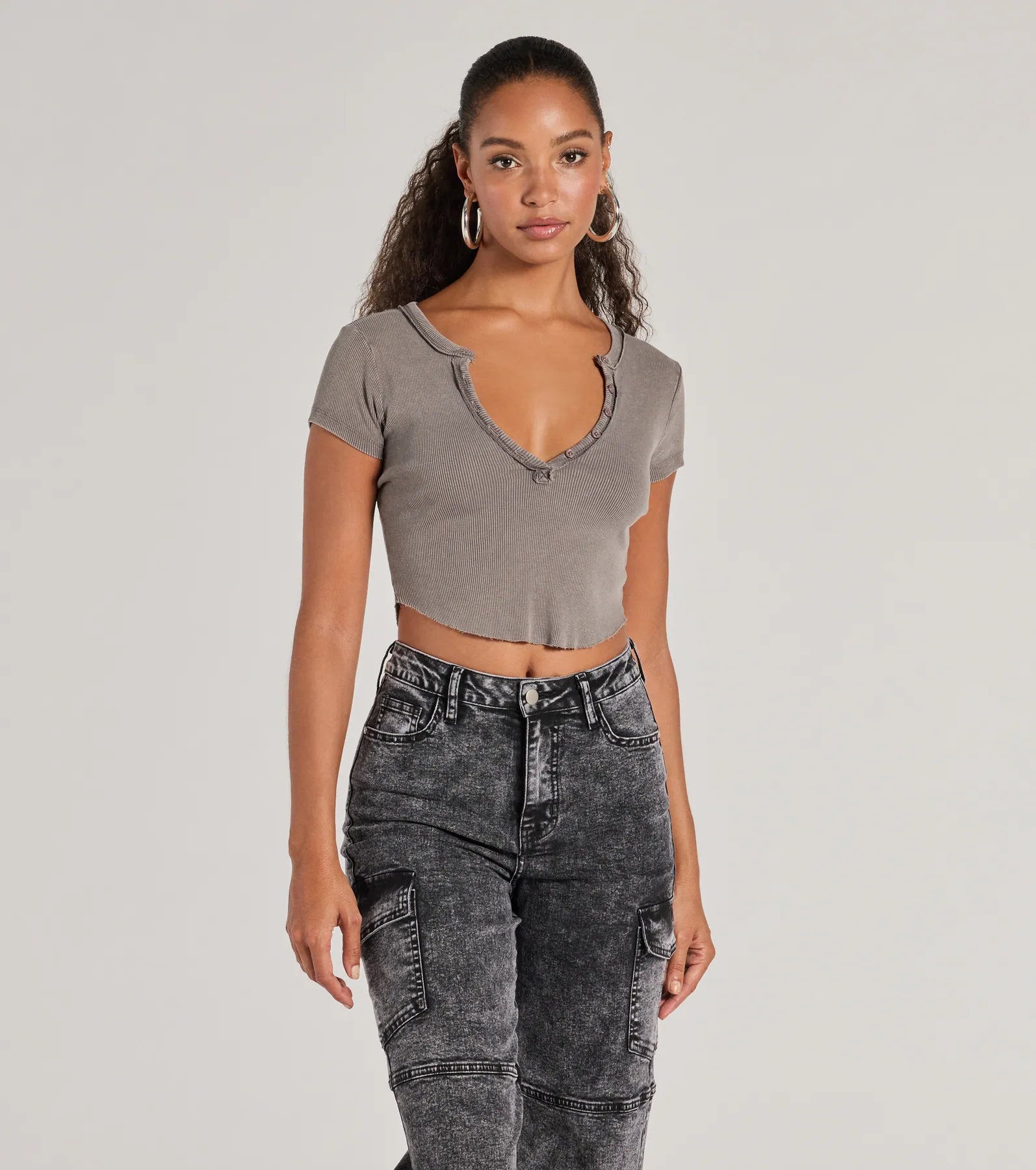 Girl Next Door Ribbed Knit Henley Crop Top