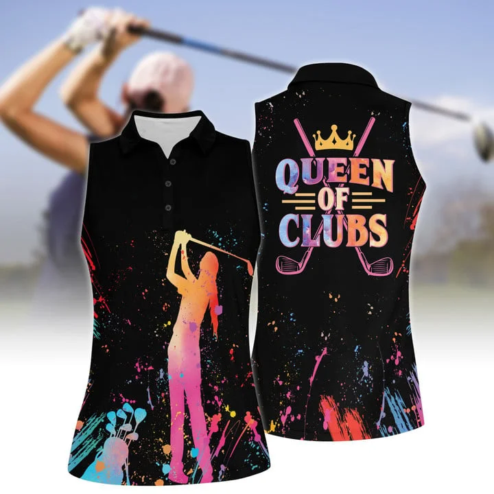 Queen of Clubs Golf Sleeveless Polo Shirt, Ink Splash Multicolor Shirt, Gift for Her