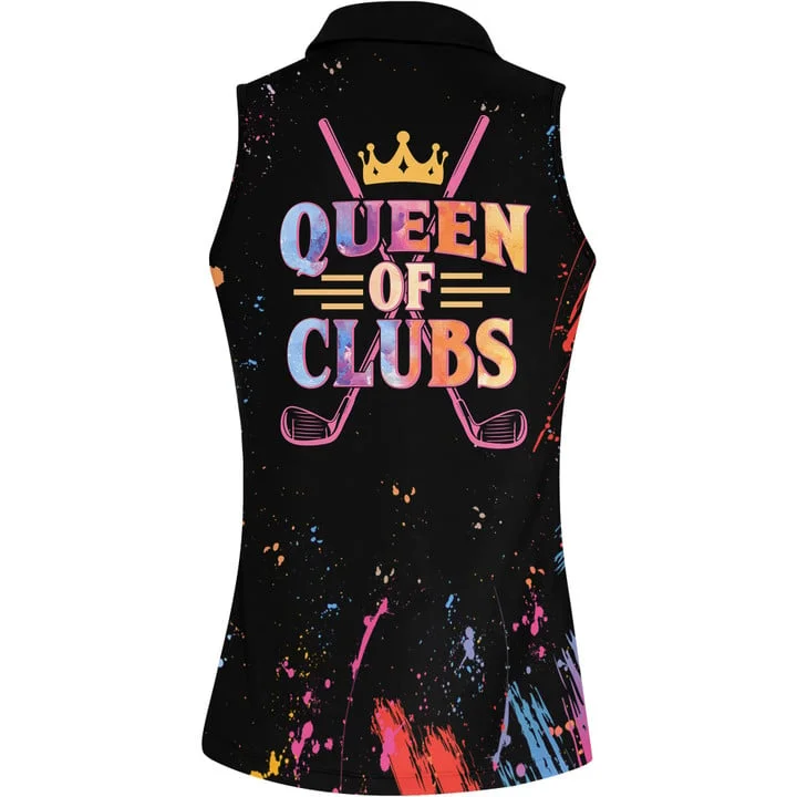 Queen of Clubs Golf Sleeveless Polo Shirt, Ink Splash Multicolor Shirt, Gift for Her