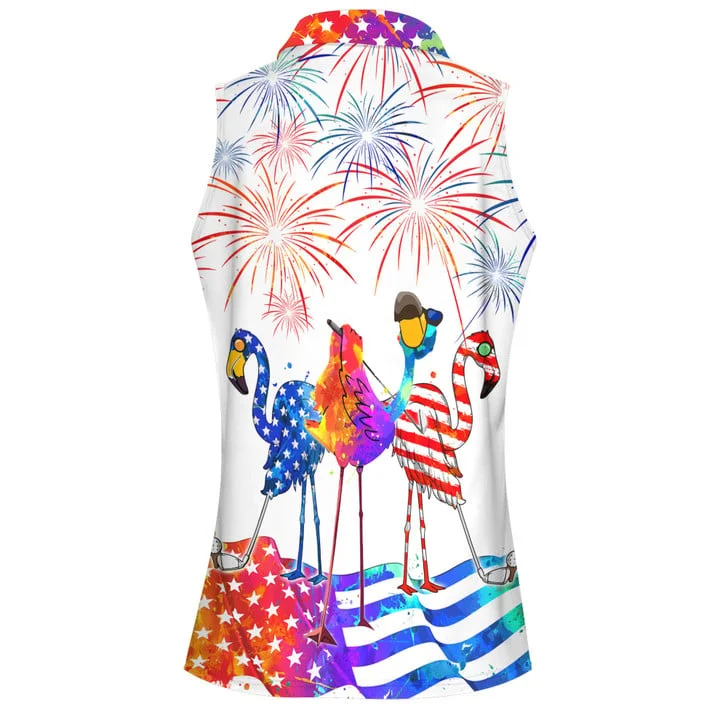 Water Color 4th Of July Patriotic Funny Flamingo Golf Women Short Sleeve Polo Shirt Sleeveless Polo Shirt, Independence Shirt