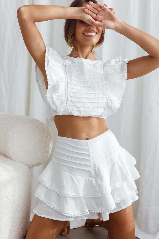 Wild And Free Pintuck Pleat And Ruffle Crop Top White