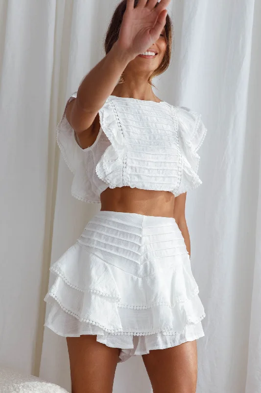 Wild And Free Pintuck Pleat And Ruffle Crop Top White