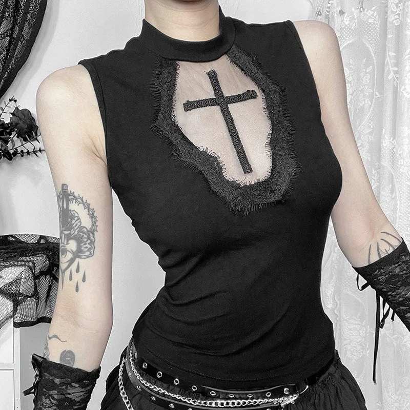 Women's Punk Cross Embroidered Unedged Tank Top