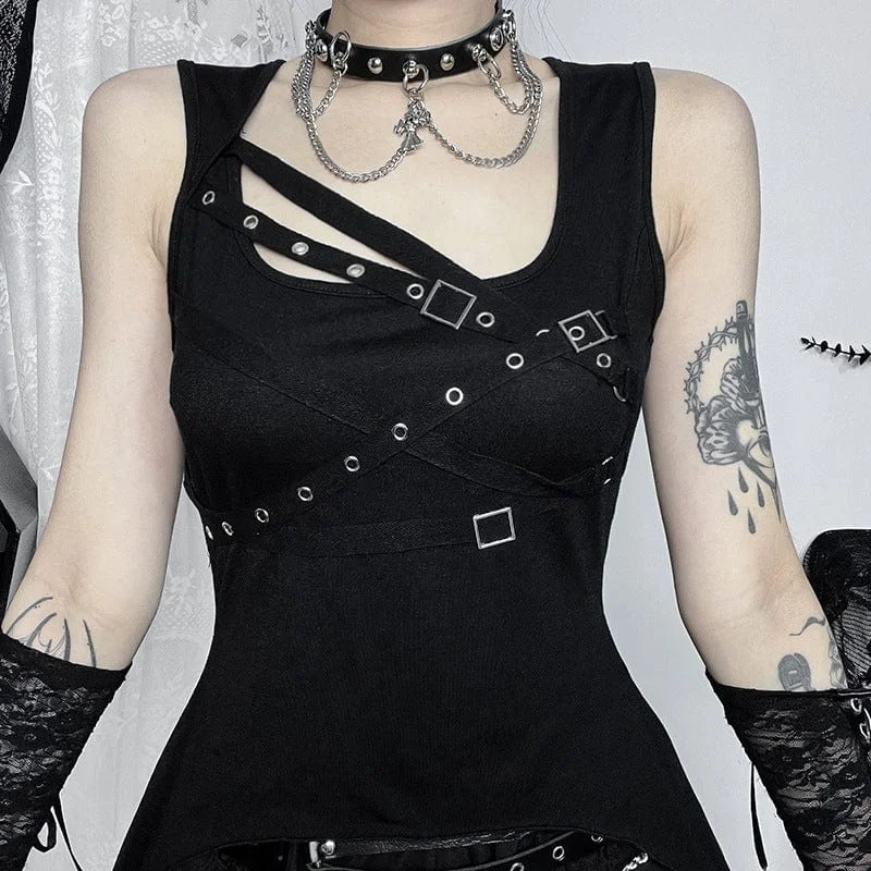 Women's Punk Irregular Eyelet Strap Splice Tank Top