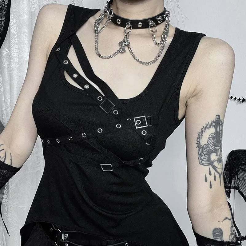 Women's Punk Irregular Eyelet Strap Splice Tank Top